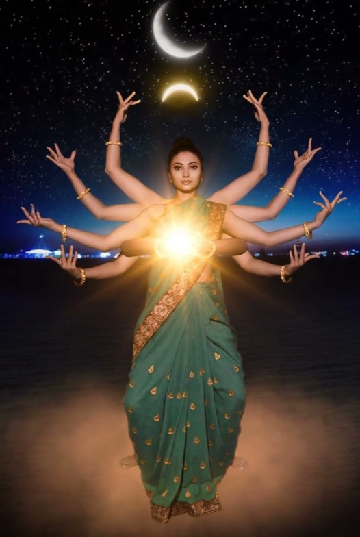 Devi holding a sphere of light beneath a crescent moon